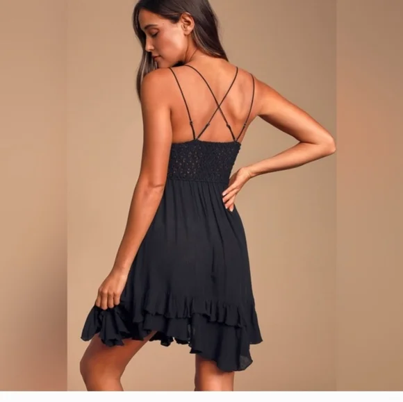 Free People One Adella Slip Dress Black Lace Mini XS Boho Festival Ruffle Hem - Picture 2 of 15